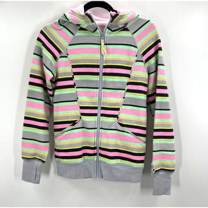 Ivivva Lululemon Striped Heavy Jacket Zippered Hooded Thumb Holes Girls 14 READ